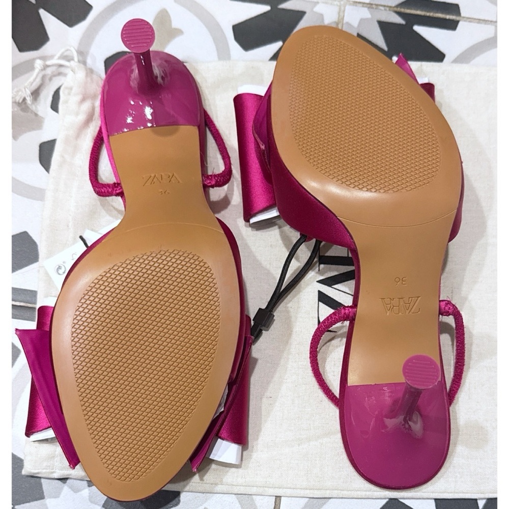 NWT NEW Zara Embeliished Fuchsia Pinn Satin Effect Bow High Heel Sandals US 6​ - Picture 4 of 10